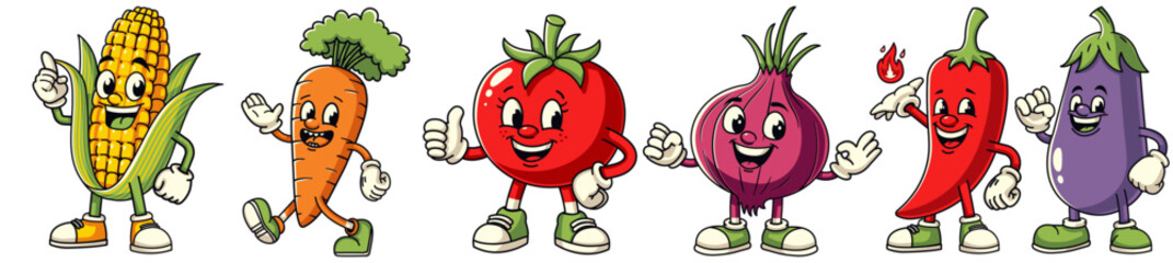 Cute Cartoon Vegetable Mascot Set — Corn, Carrot, Tomato, Onion, Chili, Eggplant Characters — Fun Food Illustration PNG