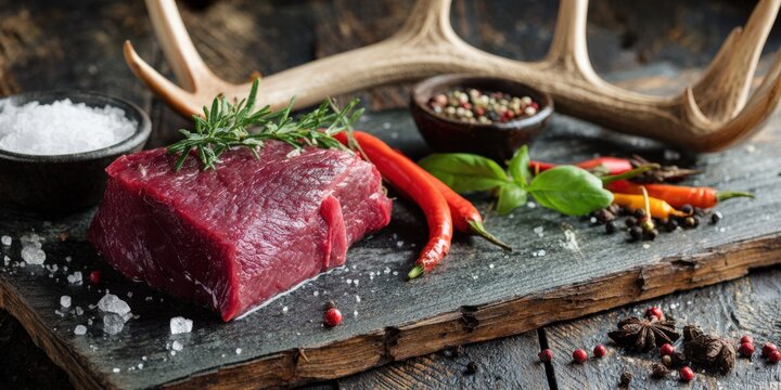 Raw venison steak preparing with spices and herbs on rustic board