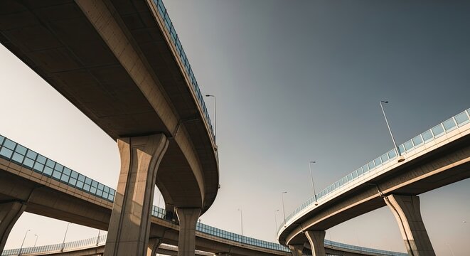 A low-angle view of a modern concrete highway overpass with curving ramps and massive support pillars against a clear sky, showcasing urban infrastructure and engineering