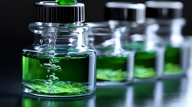 Green liquid in glass laboratory vials with silver caps on dark background, showing scientific research or pharmaceutical development.