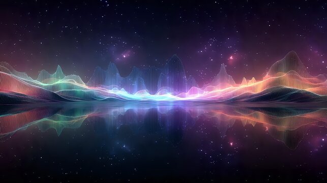 Cosmic aurora borealis with colorful light waves reflecting on water surface against starry night sky background.