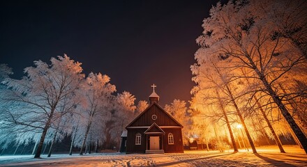 A small wooden church stands in a serene winter landscape at night, surrounded by frost-covered trees illuminated by contrasting warm and cool atmospheric lighting