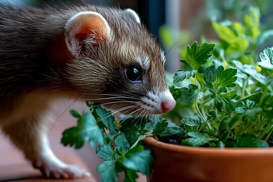 Close-up of curious ferret with brown fur exploring potted herbs, showcasing natural pet behavior in home environment. - Powered by Adobe