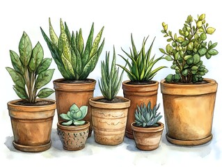 Fototapeta premium Watercolor collection of potted houseplants including succulents, aloe vera, and snake plants in terracotta containers for home decor.