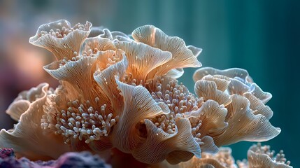 Delicate coral mushroom cluster with fan-shaped caps in soft peach tones against blurred teal background, showcasing intricate gill patterns and textures.