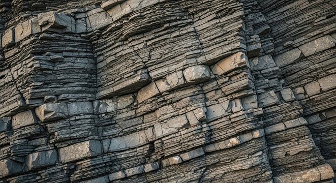 Detailed close-up of a natural layered rock formation with horizontal strata, showcasing the rough texture and geological patterns of sedimentary stone in warm, golden hour light - Powered by Adobe