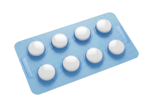 Round white pharmaceutical tablets enclosed in a blister pack against a dark background