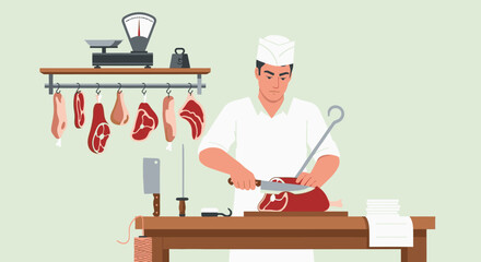 A butcher in uniform sharpens a knife at a wooden table with meat, a scale, and other tools nearby.