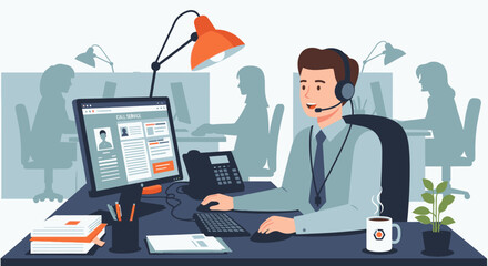 A customer service representative working at his desk, assisting clients via computer.