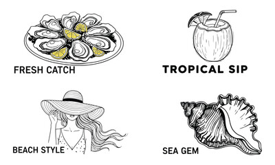 Obraz premium Summer holiday vacation elements vector illustration set: fresh oysters, coconut drink, woman in hat, and seashell.