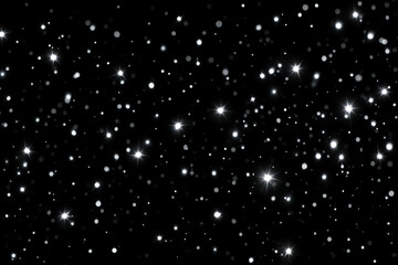 Fototapeta premium Close-up of twinkling white star lights on a black background, empty space for text, template, photo background, backdrop, banner, New Year, Christmas, winter, snow, postcard