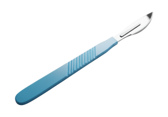 Surgical cutting instrument with a metallic blade and light blue handle is isolated on black
