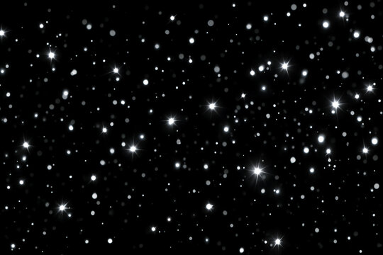 Close-up of twinkling white star lights on a black background, empty space for text, template, photo background, backdrop, banner, New Year, Christmas, winter, snow, postcard