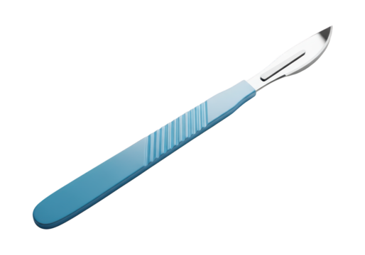 Surgical cutting instrument with a metallic blade and light blue handle is isolated on black