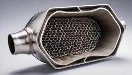 Automotive catalyst converter interior components and hexagonal structure showcase