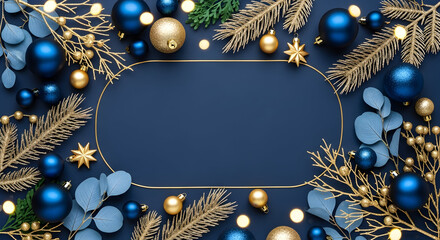 Festive flat lay featuring blue and gold Christmas ornaments, sprigs, and lights arranged around a dark blue oval frame.
