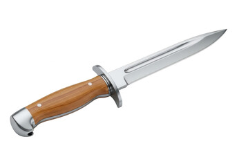 Highly detailed close up of a combat style blade with wooden handle against black background