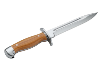 Highly detailed close up of a combat style blade with wooden handle against black background
