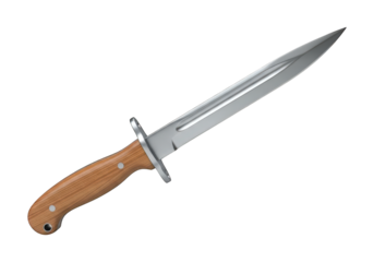 Metallic blade attached to a wooden handle rests against a dark background