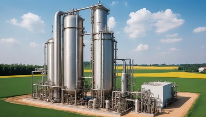 Obraz premium Modern Industrial Plant Amidst Agricultural Fields under a Sunny Blue Sky