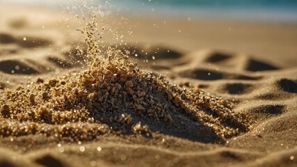 Golden Sand Grains Sparkling in Sunlight on Beach, Macro Nature Texture
