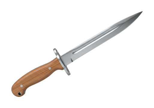 Metallic blade attached to a wooden handle rests against a dark background