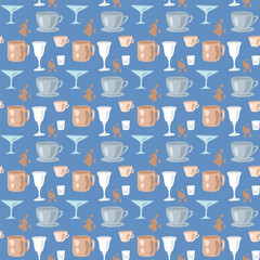 Seamless vector festive New Year's pattern with a glass, mug, cup, shot glass, and different glasses for drinks