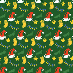 Seamless vector festive New Year's pattern in green with Santa's hat, sock, garland and stars