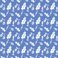 A festive New Year's seamless pattern with white twigs, berries, and leaves on a blue background.