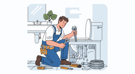 A plumber kneels to repair a toilet, using tools for plumbing maintenance.