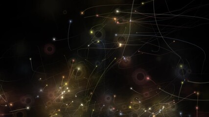 Luminous sperm-like particles moving on a black background