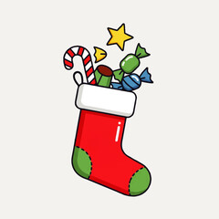 Festive Christmas Stocking Filled with Candies - Holiday Vector Illustration