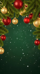 Festive Christmas border with fir branches, red and gold baubles, and falling snow on a green background.