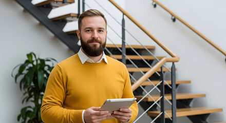 Bearded man in yellow sweater holding tablet in office interior with staircase