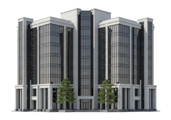 Modern commercial building features symmetrical architecture and reflective glass facades