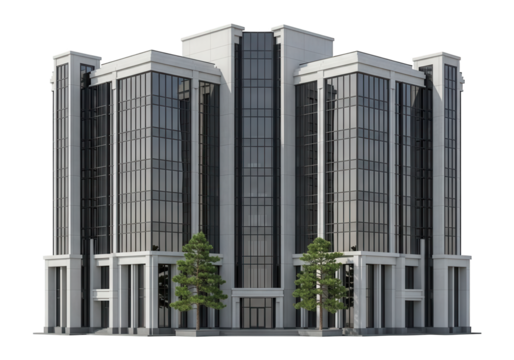 Modern commercial building features symmetrical architecture and reflective glass facades