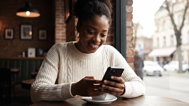 Happy African American woman enjoying coffee and using smartphone in cozy cafe