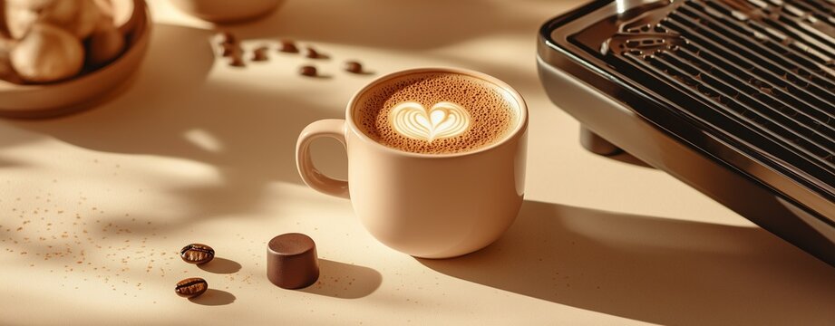 barista at home on beige tabletop with tamper, puck, and clean ceramic mug, pastel minimalistic composition