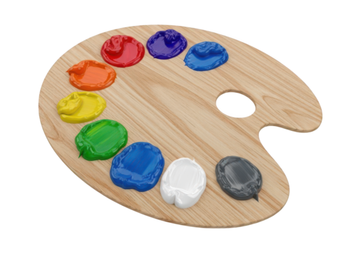 Wooden 's palette displays dabs of bright primary and secondary color pigments against a dark background