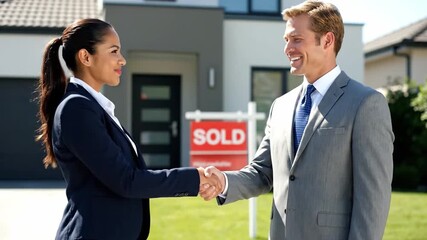Successful real estate agents celebrate sale in slow motion handshake with sold sign