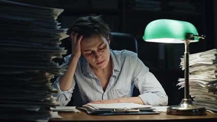Exhausted professional faces burnout surrounded by paperwork in late night office hours