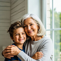 Happy grandmother hugging her smiling grandson while standing near a bright window indoors, showing family love and connection