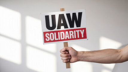 Uaw strike demonstration urban center protest signage bright environment close-up labor unity concept