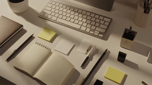 Overhead shot of a desk with keyboard, notebooks, pens, and sticky notes.