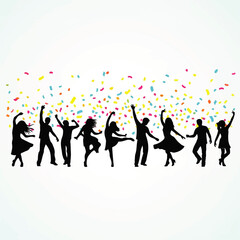 Group of diverse people dancing and celebrating with confetti falling down