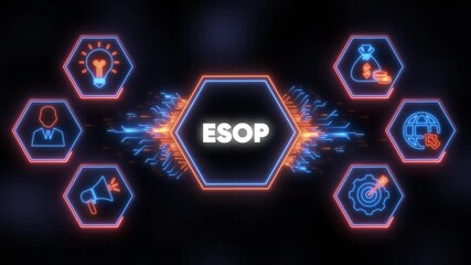 ESOP acronym in hexagon with business icons and digital circuit lines ESOP finance - Powered by Adobe