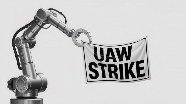 Uaw strike protests factory location banner display industrial setting close-up view labor rights concept