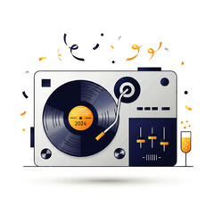 New Year's 2024 celebration vector icon showing a retro record player, vinyl record, champagne, and confetti, perfect for a festive music party and event design