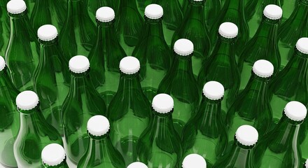A large, organized group of green glass bottles with white caps seen from a high angle, creating a full-frame pattern representing mass production or the beverage industry