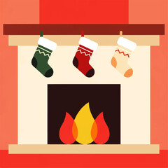 Flat vector icon of a festive fireplace with Christmas stockings hanging above a warm, glowing fire, perfect for holiday decorations and winter themes